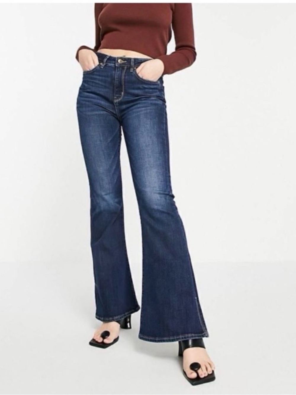 American Eagle Outfitters Next Level Stretch High Rise Flare Jeans in Navy Blue